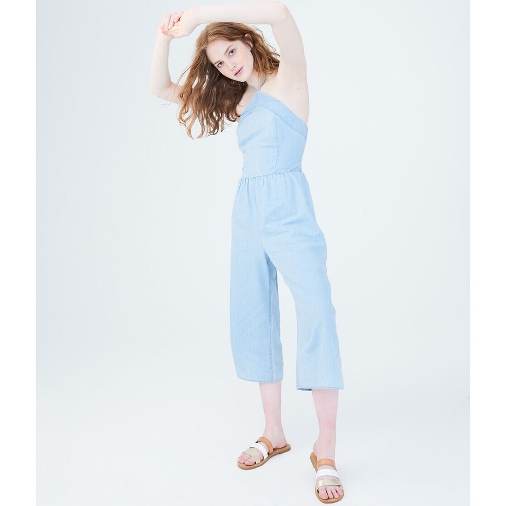 Aeropostale Jumpsuit Women XS Light Blue Chambray Halter Wide Leg Cropped Tassel - Picture 2 of 10